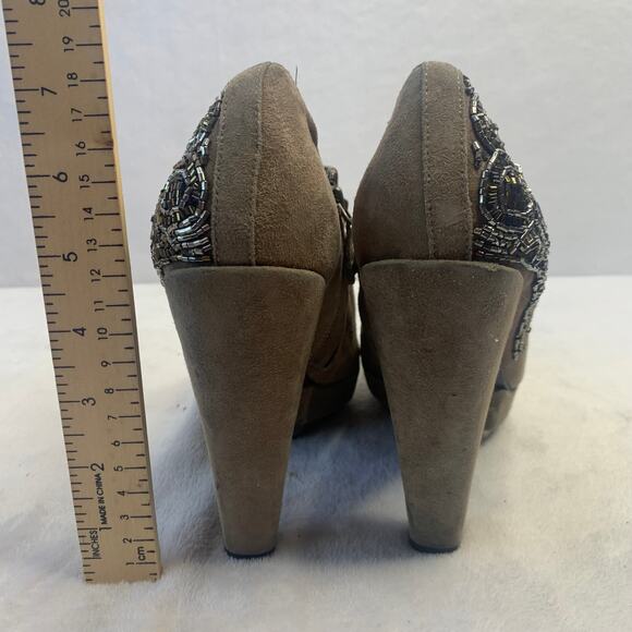 Sam Edelman Womens Sz 8 Taupe Suede Peep Toe Ankle Booties Beaded Heels Boots - Picture 6 of 9